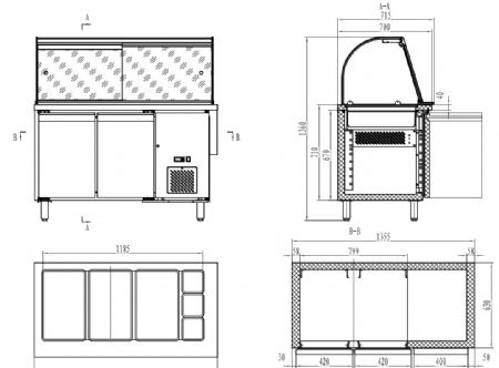 Table rfrigre professionnelle avec 2 portes vitres3x 1/1 + 3x 1/6 gn  1360x700x1365