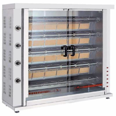 Rôtissoire à poulets gaz avec éclairage intégré et 5 broches pour 20-25 poulets Rôtissoire à poulets gaz avec éclairage intégré et 5 broches pour 20-25 poulets