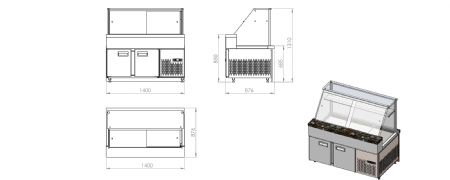 Comptoir professionnel rfrigr statique avec tagre et vitre vertical +0/+4C longueur 1400 mm