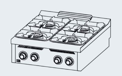 Fourneau de table professionnel  gaz avec 4 brleurs 2x10,5 + 2x8,5 kW - 800x930x322 mm