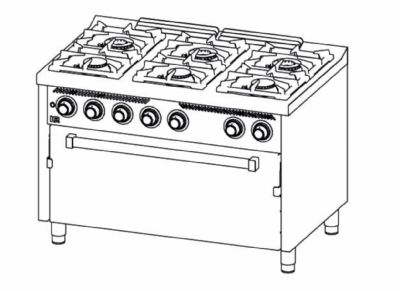 Fourneau professionnel  gaz sur four  gaz maxi avec 6 brleurs 3x8,5 + 3x6,8 kW - 1200x750x880 mm