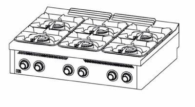 Fourneau de table professionnel  gaz avec 6 brleurs 3x10,5 + 3x8,5 kW - 1200x930x322 mm