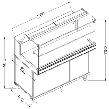 Vitrine snack chaud-sec _vitres basses, groupe  distance, avec reserve 1500x892x1182 mm