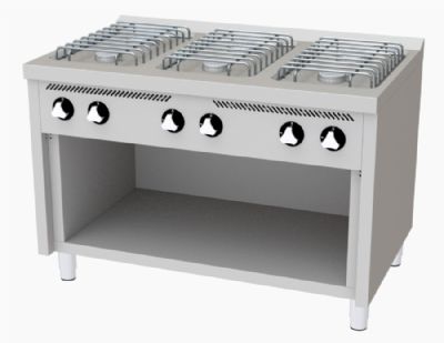 Fourneau professionnel  gaz sur placard ouvert avec 6 brleurs 3x7,5 + 3x5,5 kW - 1200x750x880 mm