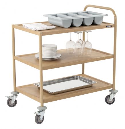 Chariot de service imitation bois avec 3 plateaux et 1 arceau en inox - 850x525x945 mm