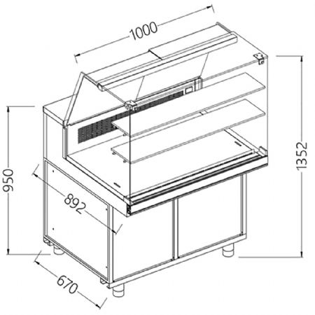 Vitrine snack chaud-froid statique_vitres hautes, groupe  distance 1000x892x1382 mm