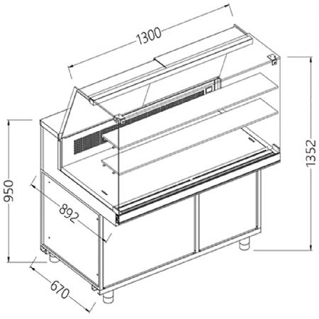 Comptoir vitrine rfrigr & chauffante EN & GN, vitre haute, statique, sans rserve 1300x890x1350 mm