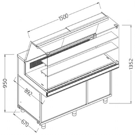 Vitrine snack chaud-froid statique_vitres hautes, groupe  distance, avec reserve 1500x892x1182 mm