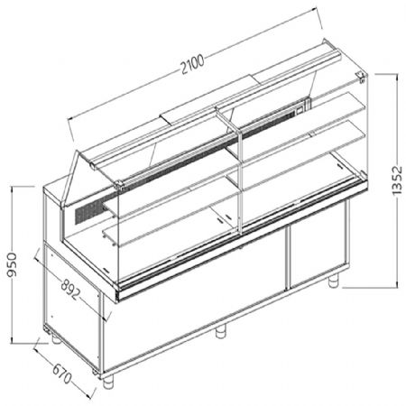 Vitrine snack chaud-froid statique_vitres hautes, avec groupe, avec reserve 1500x892x1382 mm