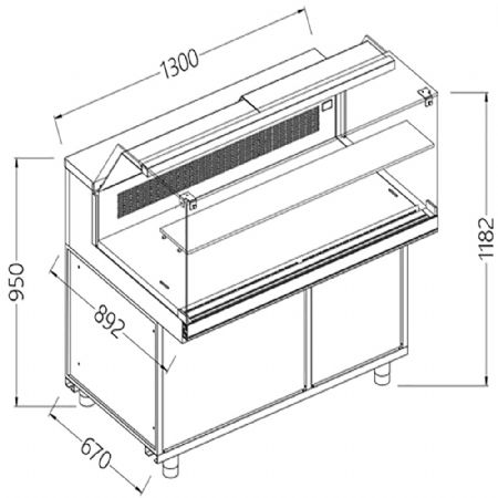 Comptoir vitrine rfrigr & chauffante EN & GN, vitre basse, statique, sans rserve 1300x890x1180 mm