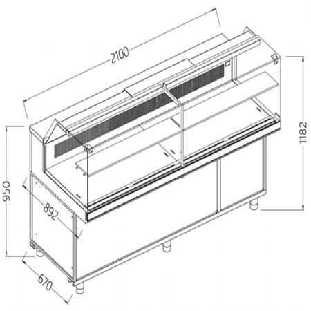 Comptoir vitrine rfrigr & chauffante EN & GN, vitre basse, statique, sans rserve 2100x892x1182 mm