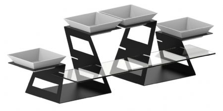 Prsentoir  assiettes noir avec 1 plaque en verre tremp et 4 assiettes - 1135x400x360 mm