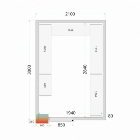 Panneaux de chambre froide 80 mm avec sol et porte 11.24 m - 2100x3000x2200 mm