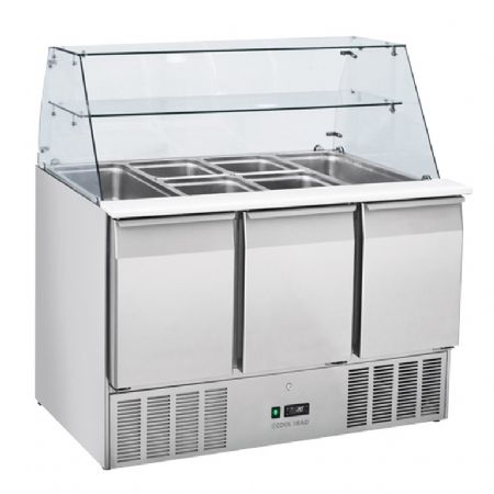 Saladette rfrigre ouverte 3 portes inox GN1/1 verre tremp incurv 365 L - 1365x700x1295 mm