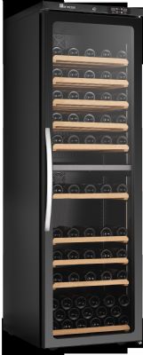 Cave  vin professionnelle noire bi-temprature avec 1 porte vitre et 9 tagres en bois amovibles - 169 bouteilles