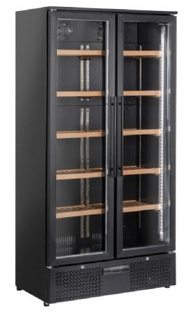 Cave  vins noire 2 portes vitres clayettes coulissantes 458L - 900x588x1800 mm