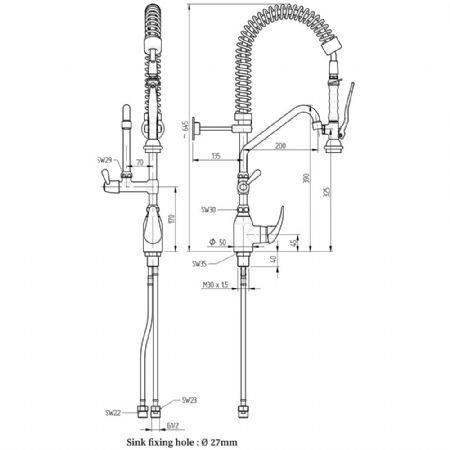 Douchette acier inox et robinet avec groupe mitigeur monocommande (Sortie MONO) 200x200x600 mm