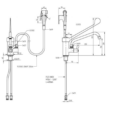 Robinet mitigeur, commande  coude et douchette estract. (Sortie MONO) 250x250x1250 mm