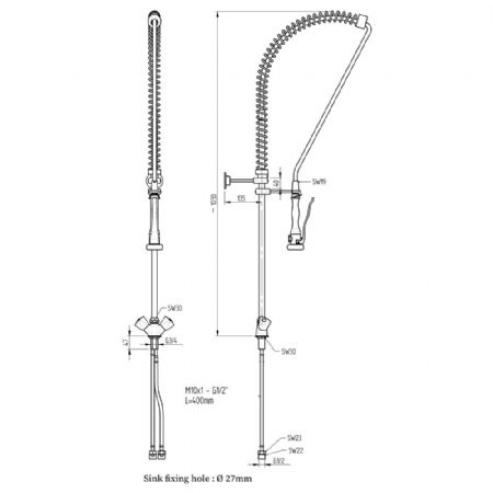 Douchette avec mlangeur, (Sortie MONO) 350x350x1100 mm