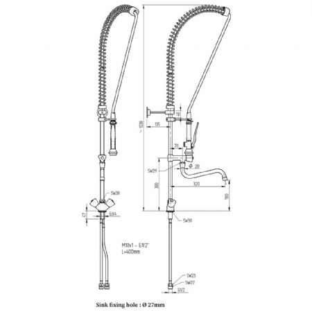 Douchette et robinet mlangeur, (Sortie MONO) 350x350x1100 mm