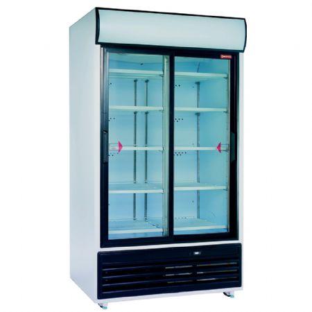 Vitrine  boissons double portes coulissantes, 857 litres, avec caisson lumineux. 1110x825x2025 mm