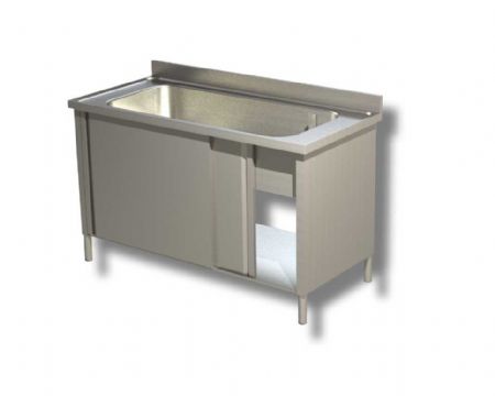 Plonge inox 1 bac avec 2 portes coulissantes et dosseret - 1000x600x850 mm