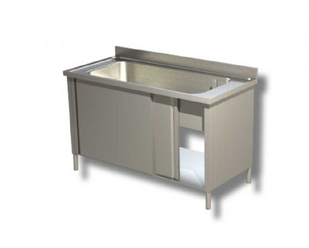 Plonge inox 1 bac 2 portes coulissantes avec dosseret - 1000x700x850 mm