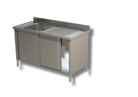 Plonge inox adosse 1 bac 1 egouttoir  droite 2 portes coulissantes - 1000x600x850 mm