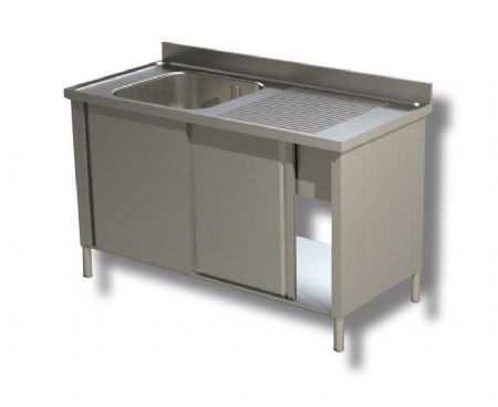 Plonge inox adosse 1 bac 1 egouttoir  droite 2 portes coulissantes - 1000x700x850 mm