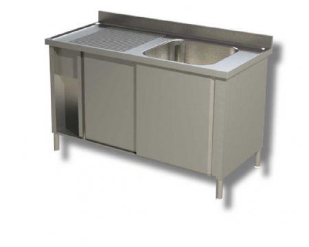 Plonge inox adosse 1 bac 2 portes coulissantes 1 egouttoir  gauche - 1000x600x850 mm