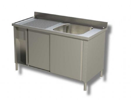 Plonge inox adosse 1 bac 1 egouttoir  gauche 2 portes coulissantes - 1000x700x850 mm