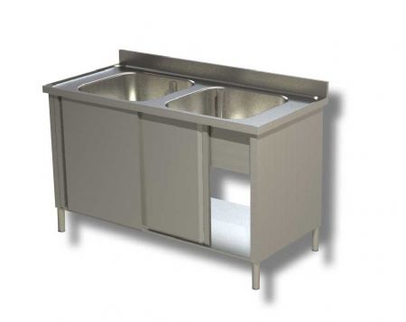 Plonge inox 2 portes coulissantes 2 bacs avec dosseret - 1000x700x850 mm