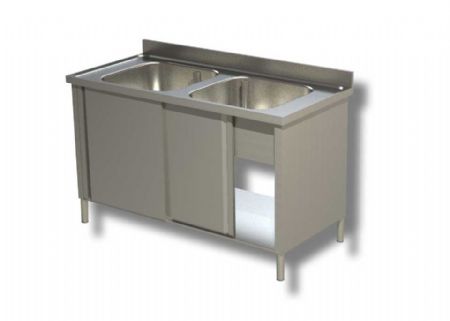 Plonge inox 2 bacs 2 portes coulissantes avec dosseret - 1100x600x850 mm