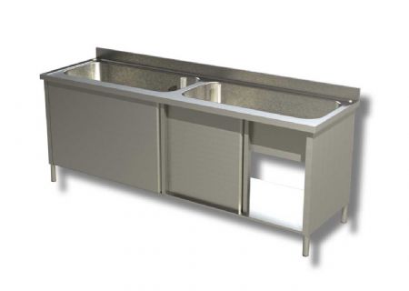 Plonge inox 2 bacs avec dosseret et 2 portes coulissantes - 1600x600x850 mm