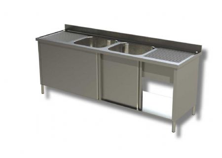 Plonge inox 2 bacs 2 portes coulissantes 2 egouttoirs avec dosseret - 1800x700x850 mm