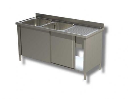 Plonge inox adosse 2 bacs avec 2 portes coulissantes et 1 egouttoir  droite - 1400x600x850 mm