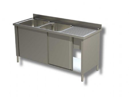 Plonge inox 2 bacs 2 portes avec egouttoir  droite et dosseret - 1400x700x850 mm