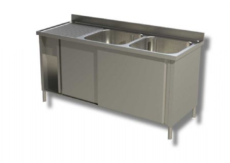 Plonge inox adosse 2 bacs avec 1 egouttoir  gauche et 2 portes coulissantes - 1400x600x850 mm