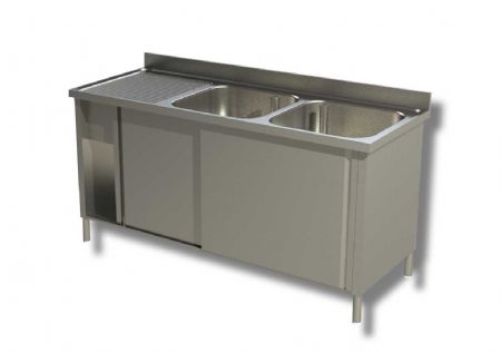 Plonge inox 2 bacs 2 portes avec egouttoir  gauche et dosseret - 1400x700x850 mm