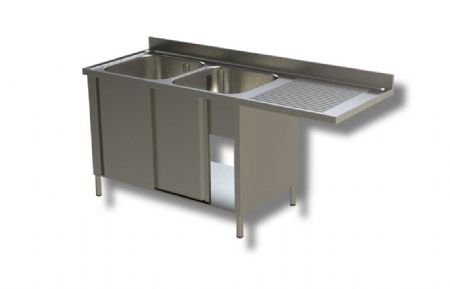 Plonge inox 2 bacs 2 portes coulissantes avec passage lave vaisselle  droite et dosseret - 1600x600x850 mm