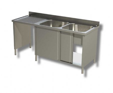 Plonge inox adosse 2 bacs 2 portes coulissantes avec passage lave vaisselle  gauche - 2000x700x850 mm