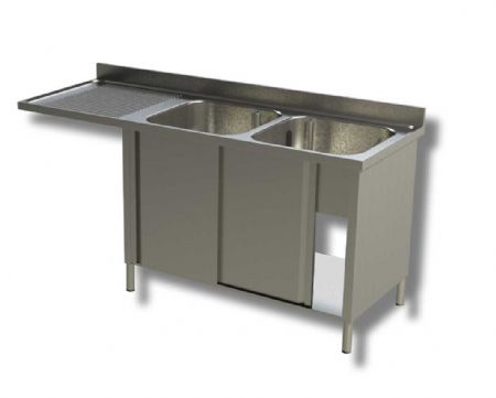 Plonge inox 2 bacs 2 portes coulissantes avec passage lave vaisselle  gauche et dosseret - 1600x600x850 mm