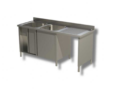 Plonge inox 2 bacs 2 portes coulissantes avec passage lave vaisselle  droite et dosseret - 1600x600x850 mm