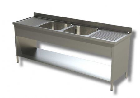 Plonge inox adosse 2 bacs avec 2 egouttoirs et 1 tagre infrieure - 1800x600x850 mm