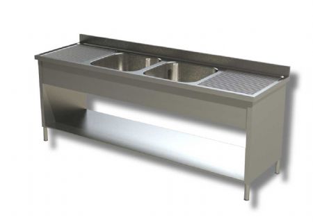 Plonge inox adosse 2 bacs avec 1 tablette basse et 2 egouttoirs - 1800x700x850 mm