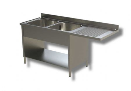 Plonge inox adosse 2 bacs avec 1 tagre infrieure et egouttoir  droite - 1400x600x850 mm