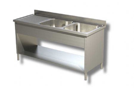 Plonge inox adosse 2 bacs avec egouttoir  gauche et 1 tagre infrieure - 1400x600x850 mm