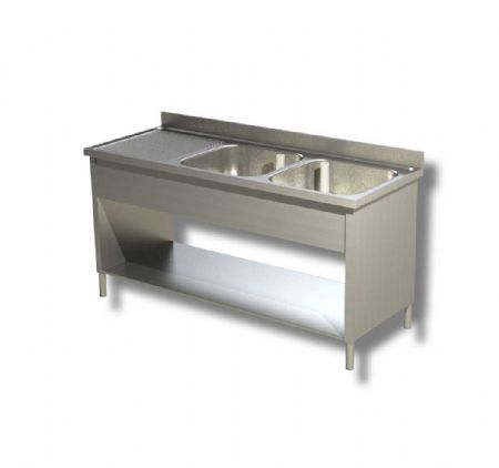 Plonge inox 2 bacs 1 tablette basse avec egouttoir  gauche et dosseret - 1400x700x850 mm