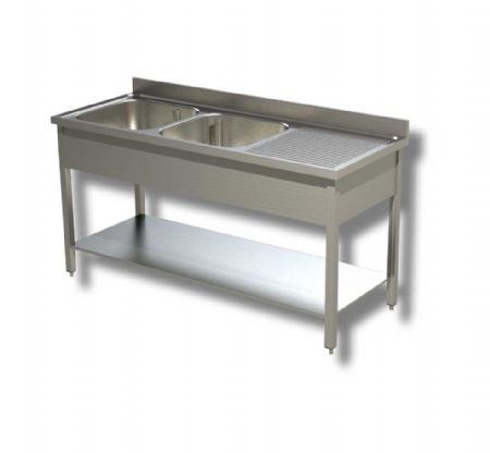 Plonge inox adosse 2 bacs avec 2 egouttoirs et 1 tagre infrieure - 1800x600x850 mm