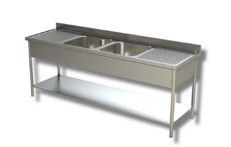 Plonge inox 2 bacs 2 egouttoirs 1 tagre infrieure avec dosseret - 1800x700x850 mm